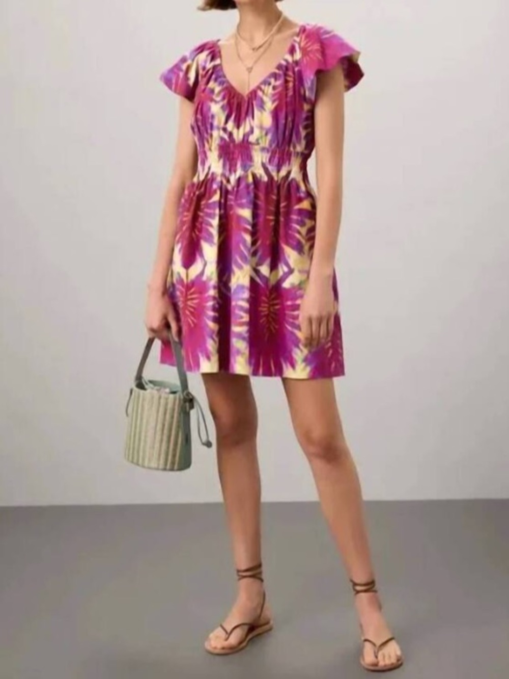 Marie Oliver Emilia Mini Dress  Athena Floral Boysenberry Print Flutter Sleeve M